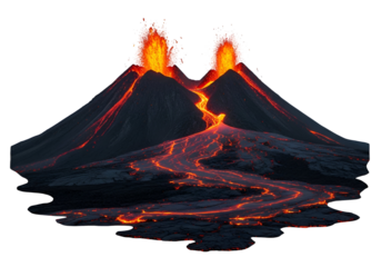 A dramatic volcanic eruption, showcasing molten lava flowing down the slopes of a dark, imposing mountain against a stark black background.