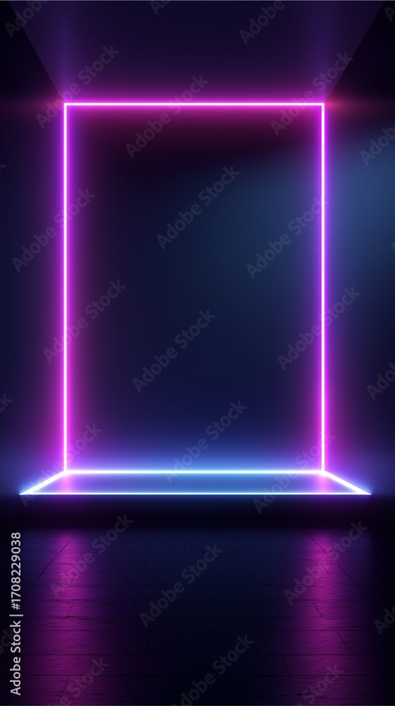 Poster neon frame in futuristic space: a vibrant neon frame glows within a stark futuristic space, creating
