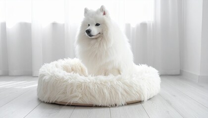Cute happy white dog in a fluffy cozy dog bedding  on wooden floor in a bright sunny room.