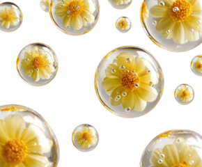 Yellow flowers in transparent bubbles against a black background