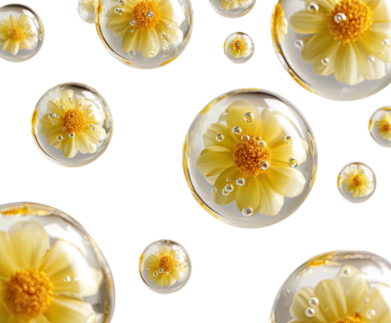 Yellow flowers in transparent bubbles against a black background