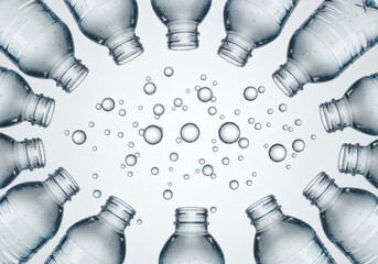 Clear plastic water bottles styled with air bubbles, perfect for environmental awareness campaigns, water conservation infographics, or sustainable living visuals.