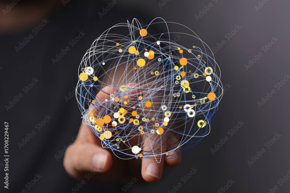 Poster abstract image of a hand interacting with a digital network sphere. ideal for technology, connection