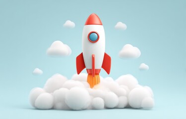 A stylized rocket launching from a cloud.  A simple, 3D model of a rocket taking off, situated atop a fluffy cloud cluster against a pale blue background.  