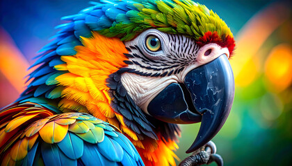 Obraz premium Vibrant close-up of a colorful macaw parrot with vivid feathers