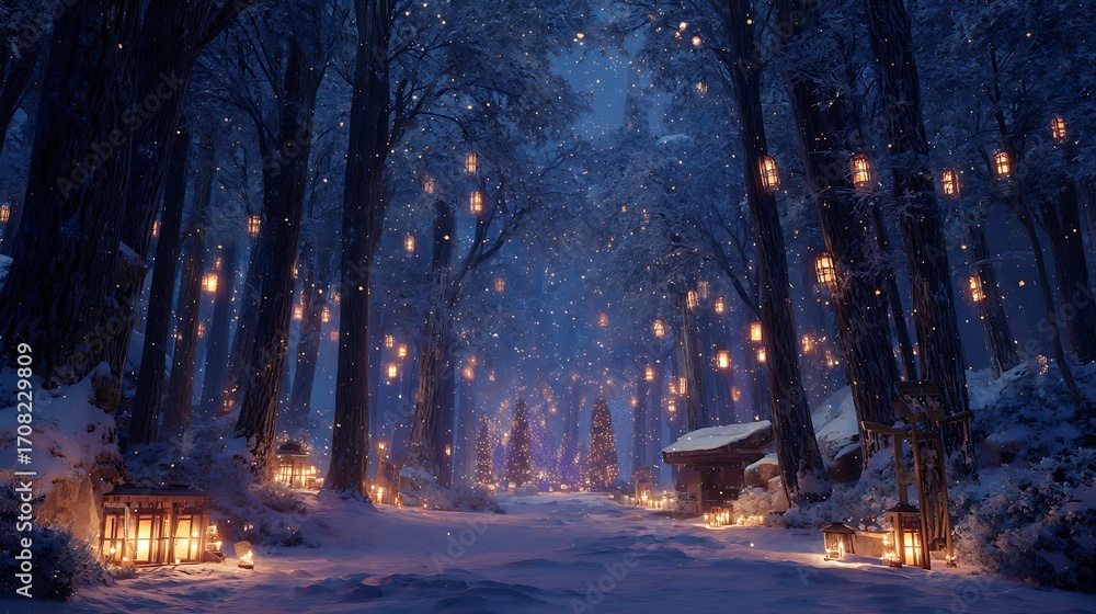 Poster mystical winter forest adorned with glowing lanterns, casting a warm and inviting light on the snowc