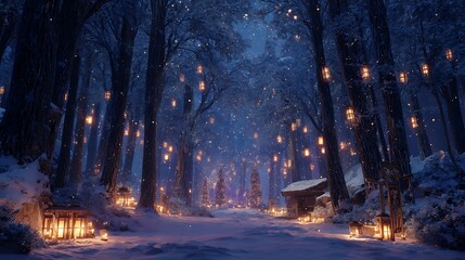 Mystical winter forest adorned with glowing lanterns, casting a warm and inviting light on the snowcovered ground