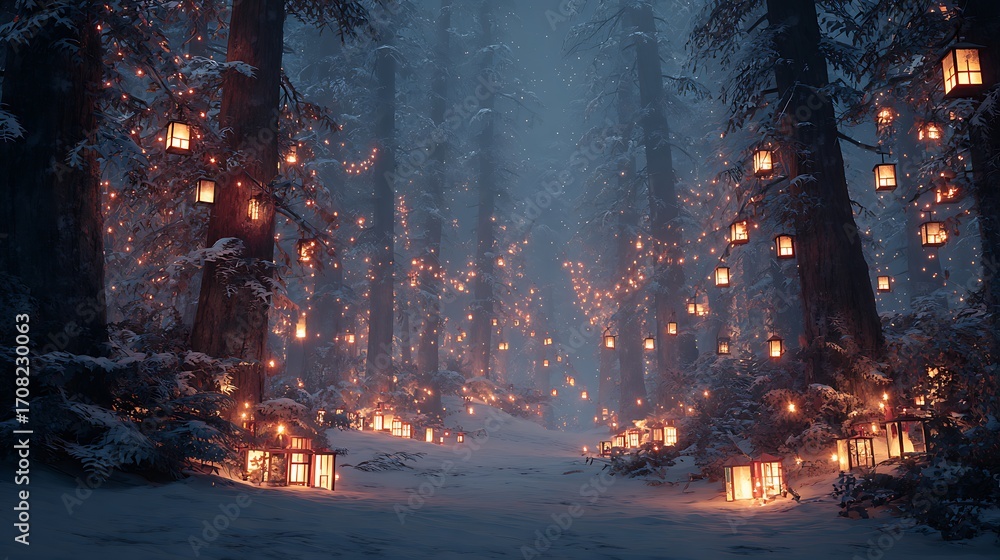 Poster enchanting winter forest illuminated with warm lanterns, creating a magical and festive atmosphere i