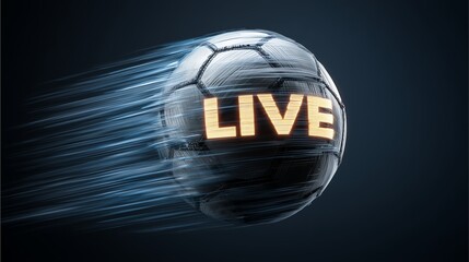 Live Soccer Ball: A dynamic rendering of a soccer ball emblazoned with LIVE, streaks across a deep blue background, encapsulating the high-energy essence of live sports
