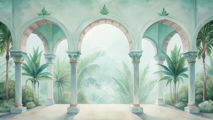 Serene ornate architectural scene with three arches and lush greenery