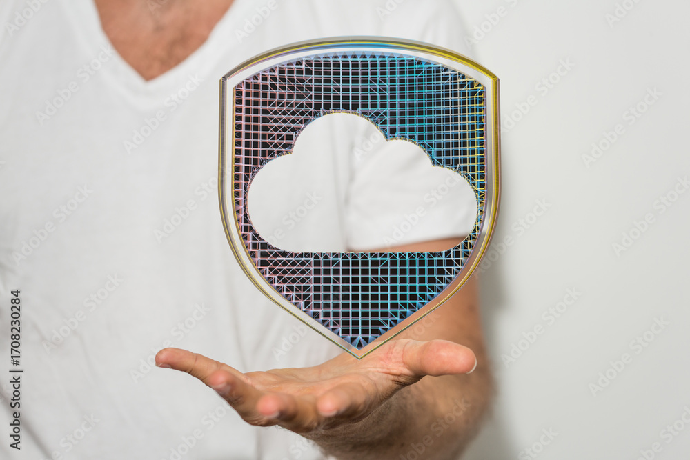Poster image of a hand holding a cloud icon inside a protective shield, symbolizing secure cloud data.