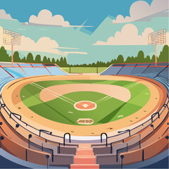 Empty baseball field ready for the game with nobody in the stands.