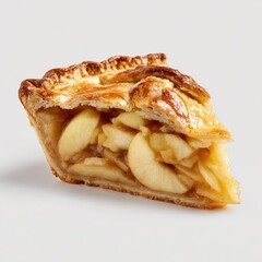 Slice of apple pie.  A golden-brown, flaky pie crust encircles a filling of sliced apples.  