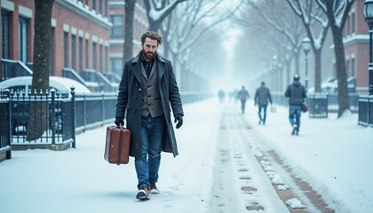 Young man walking in snow with briefcase on winter urban street  