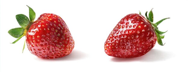 Two fresh, ripe strawberries, whole and isolated on white