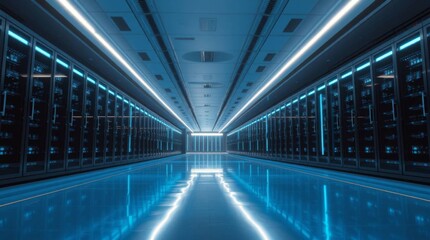 Modern data center interior with gleaming blue server racks and polished reflective floor, highlighting advanced digital infrastructure