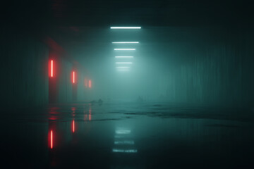 Futuristic underground corridor with red neon lights and fog