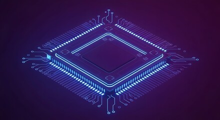 A close-up, isometric view of a glowing blue digital computer microchip on a dark background