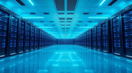 Fototapeta premium Modern Data Center Interior Server Racks, Blue LEDs, and Reflective Floor