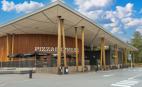 Fleet,Hampshire,England on 7th Sept 2025:Signage of Pizza Express and Welcome Break at the M3 motorway services in Hampshire England