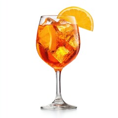 A vibrant orange cocktail, garnished with an orange slice and ice cubes