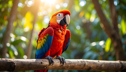 Obraz premium Vibrant macaw with red, yellow, and blue feathers perched on a tree branch in a tropical setting