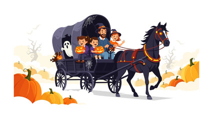 Fototapeta premium Halloween Carriage: A whimsical, family-friendly Halloween scene unfolds as a horse-drawn carriage, adorned with festive decorations, carries a group of cheerful children and a parent.
