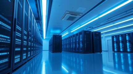 Futuristic data center with rows of glowing blue server racks reflecting on polished floors, an eerie high-tech infrastructure