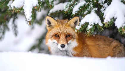 Fototapeta premium Red fox peeking from under snowy evergreen branches in winter forest