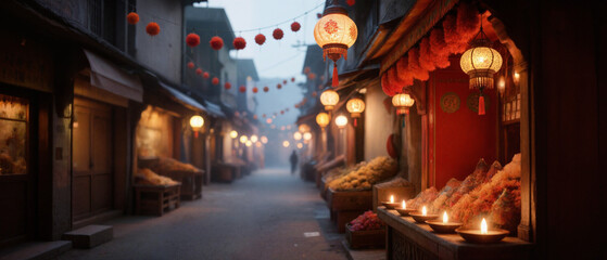 Obraz premium 전통시장 거리를 장식한 등불과 촛불이 어우러진 디왈리의 밤