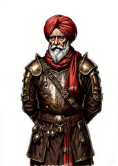 Old school fantasy RPG illustration of a veteran capain in dark leather armor ith bronze details and redturban, medieval commandercharacter design for tableop roleplay