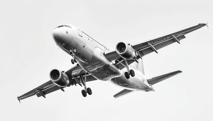 Fototapeta premium Black and white photo of an airplane in flight