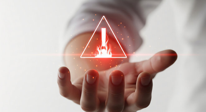Close-up of a hand displaying a holographic fire danger warning sign, illustrating concepts of risk management, safety technology, and future alerts