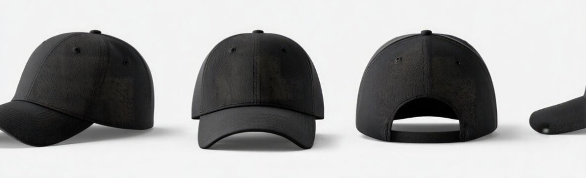 Multiple views of a black baseball cap.  A dark gray/black textured baseball cap is shown in three different views.  Front, side, and back.  The cap has a structured, slightly curved bill. 