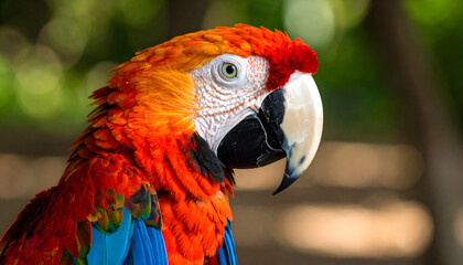 Fototapeta premium Vibrant close-up profile of a red and orange macaw with blue feathers in a tropical natural setting