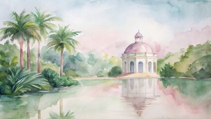 Serene watercolor painting of a tranquil oasis with lush greenery and soft pastels