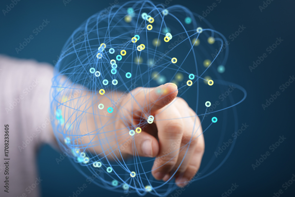 Poster abstract image depicting a hand interacting with a digital network, representing global connectivity
