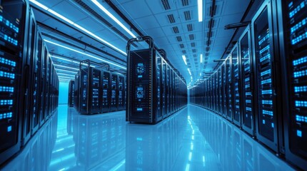 Modern Data Center Server Racks Illuminated by Blue Light in a Futuristic Hallway