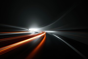 Abstract light trails speeding in tunnel with motion blur red orange glow, vector design on dark grey minimalist studio. For tech visuals and digital art concepts.