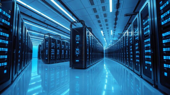 Modern Data Center Server Racks Illuminated by Blue Light in a Futuristic Hallway