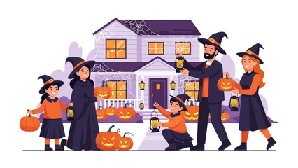 Halloween Family Fun: A whimsical illustration captures a spirited family reveling in the enchanting Halloween atmosphere, adorned in costumes and surrounded by Jack-o'-lanterns.