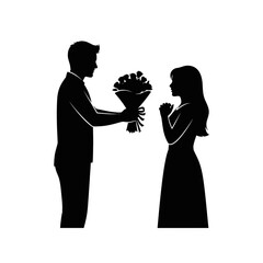 Romantic surprise silhouette of man giving flowers to woman, love celebration and elegant gift
