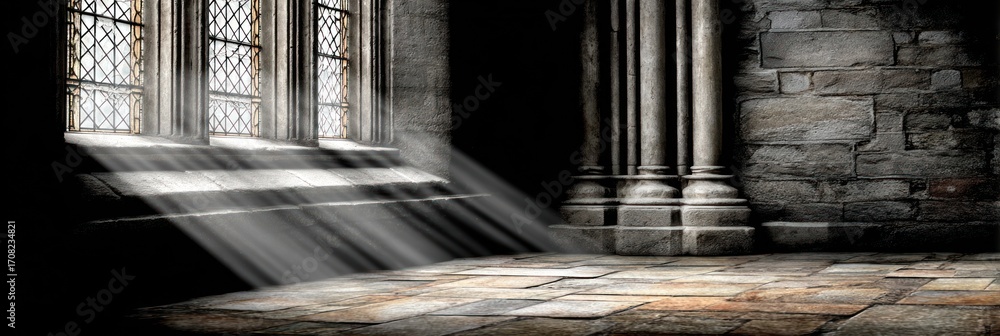 Poster sunlight filters through tall windows in an old stone room, illuminating the floor and adding a peac