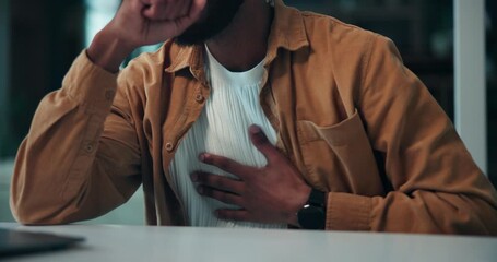 Sick, businessman and chest pain in office at night of respiratory infection, bronchitis and asthma. Male person, cough and pneumonia with heart attack symptoms, breathing issues and overtime burnout