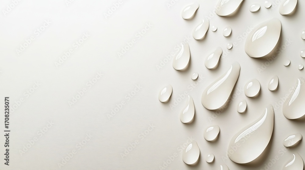 Aufkleber clear droplets on a smooth white surface creating an abstract background for product presentation