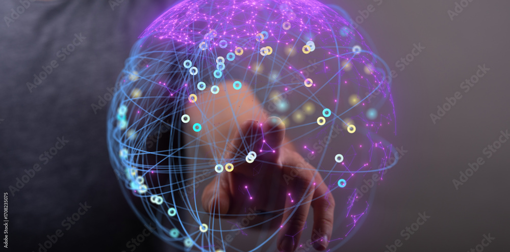 Poster abstract image of a hand interacting with a digital global network. perfect for technology, connecti