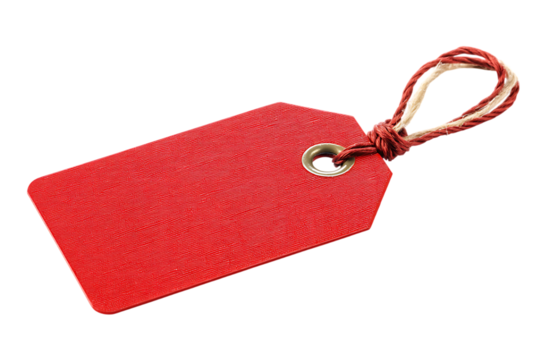 Bright Red Retail Tag with Twine Tie for Pricing and Identification on White Background Isolated on transparent background, cutout