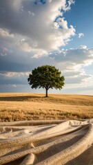 Fototapeta premium the image shows a beautiful landscape featuring a solitary tree in the center of a golden field under a partially cloudy sky