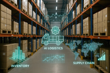 AI logistics and supply chain management in a modern warehouse with data visualizations artificial intelligence