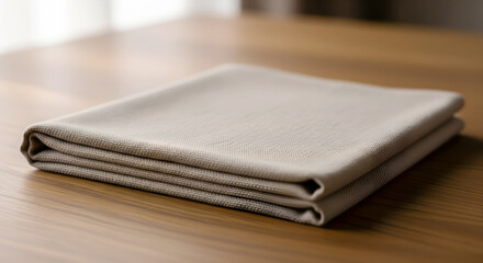Neatly Folded Linen Cloth, Pile of folded linen cloth on wood surface, clean minimal look.